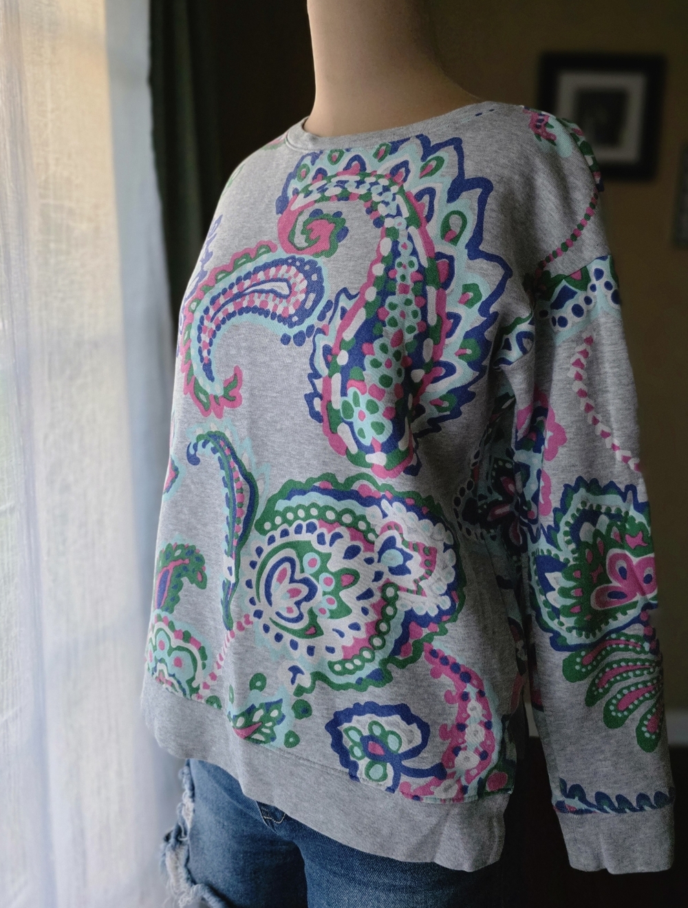 Talbots Paisley French‎ Terry Sweatshirt SP Petite Colorful Boho Preppy High Low